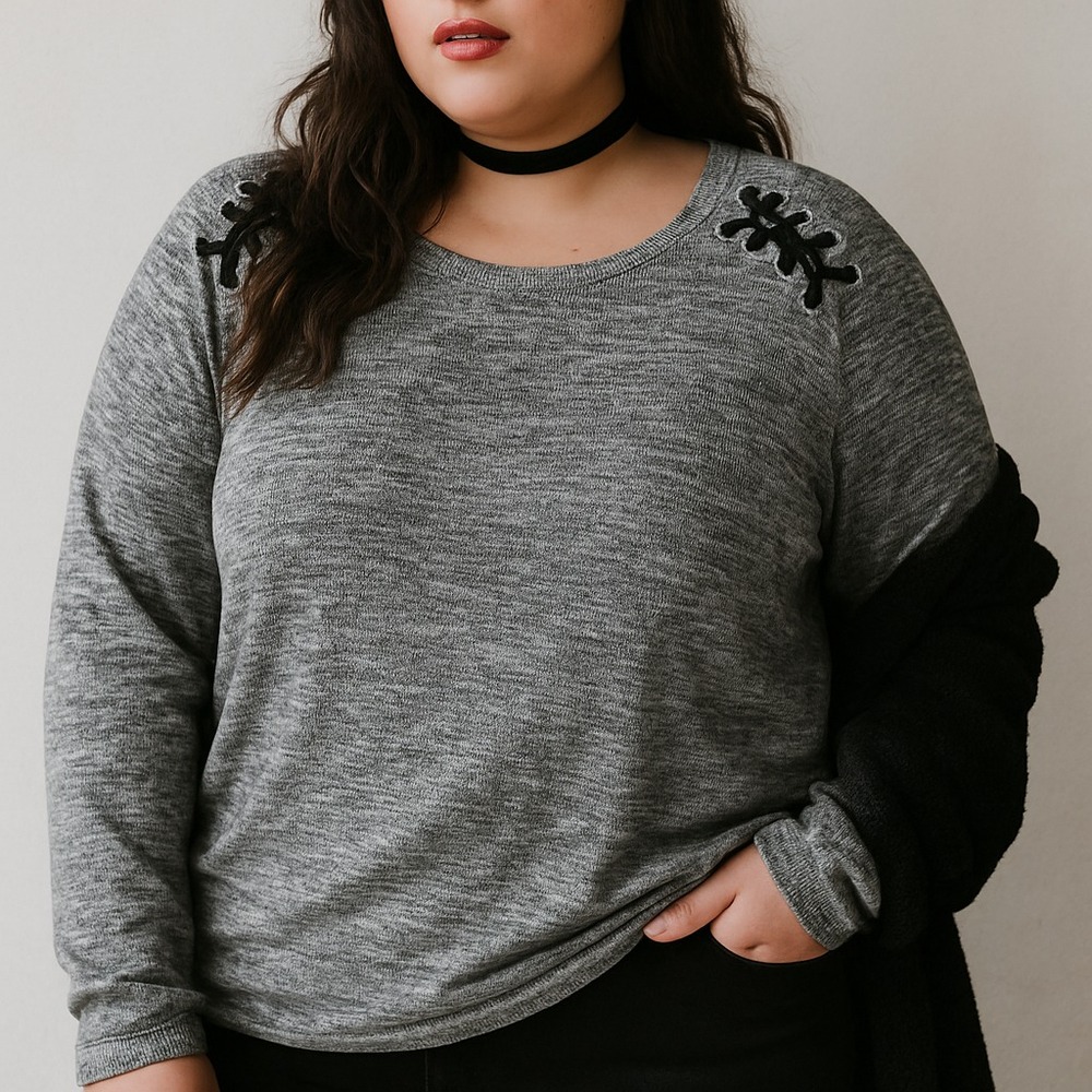 Olivia Blu Womens 2X Gray Knit Lace-Up‎ Shoulder Top Long Sleeve Grunge Cozycore